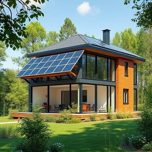 Wizualizacja nowoczesnego domu energooszcz&eogon;dnego z du&zdot;ymi oknami i panelami s&lstrok;onecznymi na dachu, otoczonego zieleni&aogon;